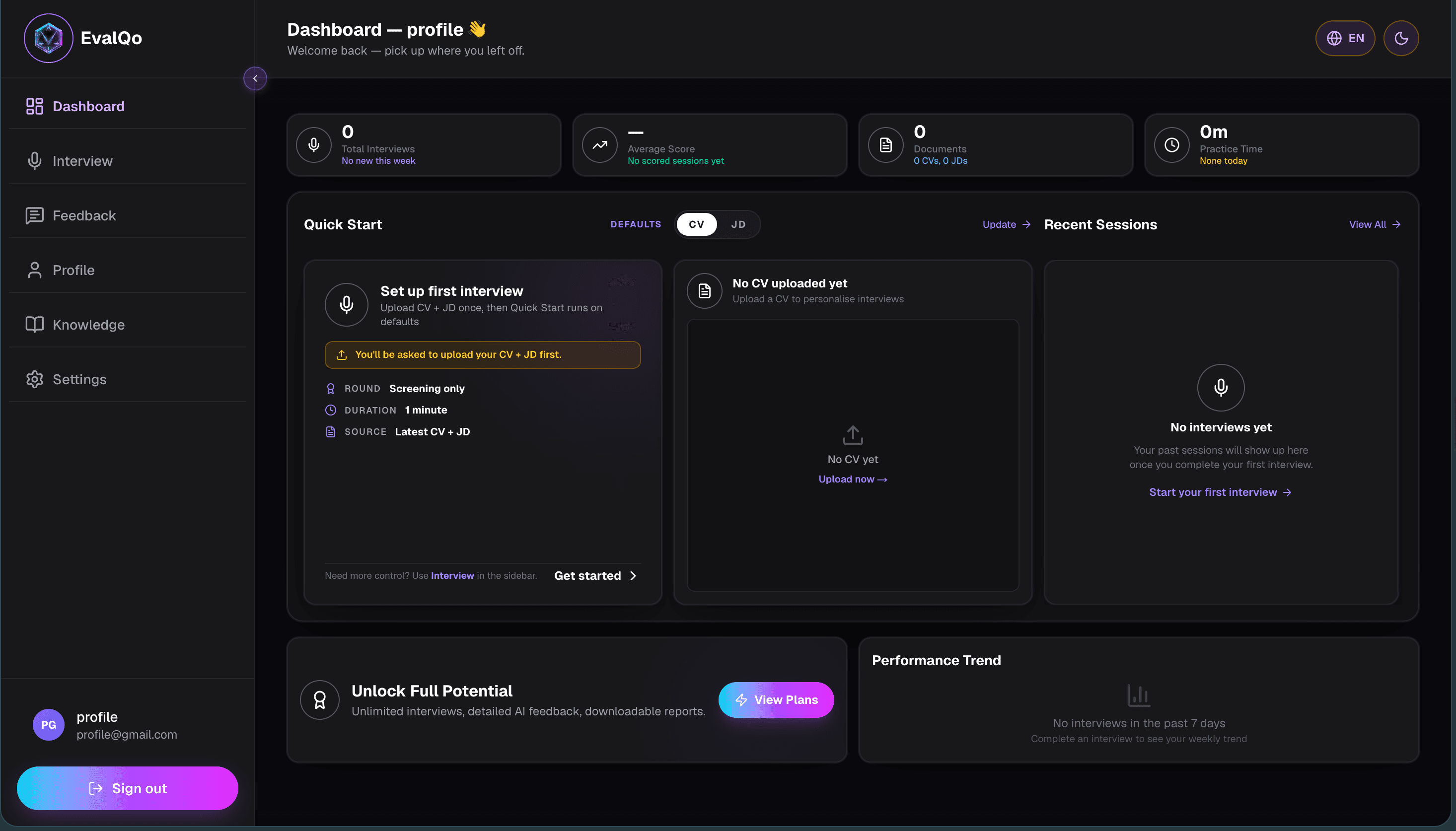 EvalQo dashboard preview — dark mode