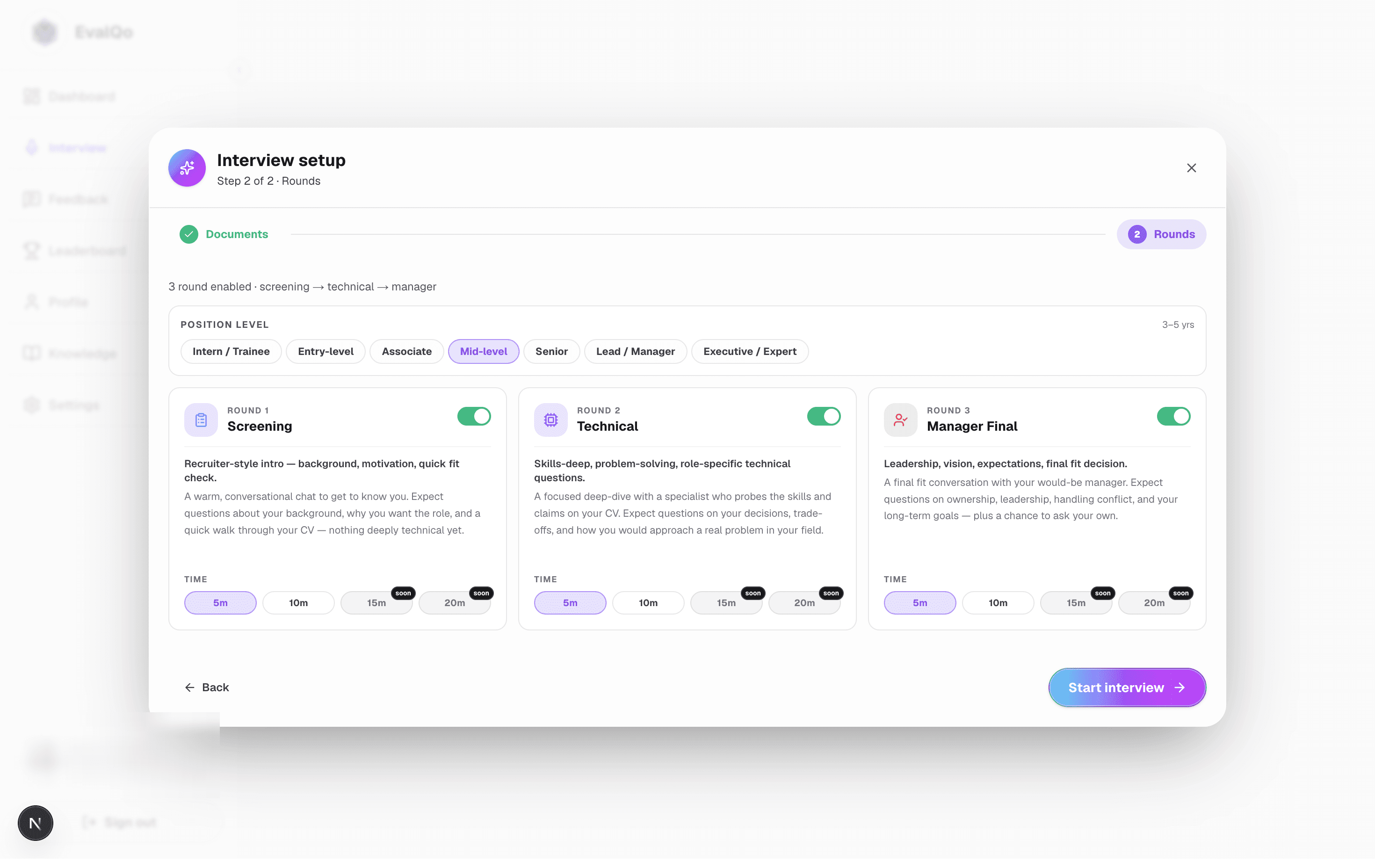 EvalQo product tour — Setup · Rounds
