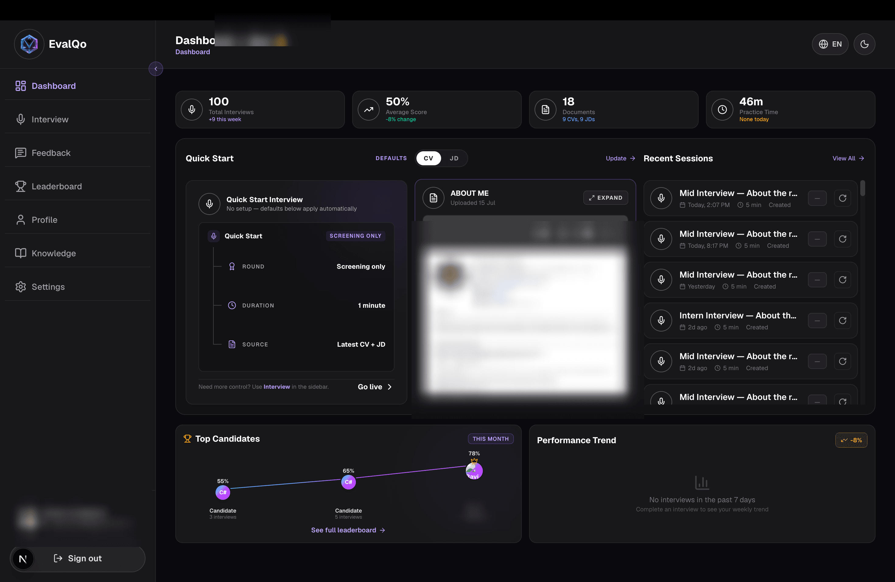 EvalQo product tour (dark mode) — Dashboard