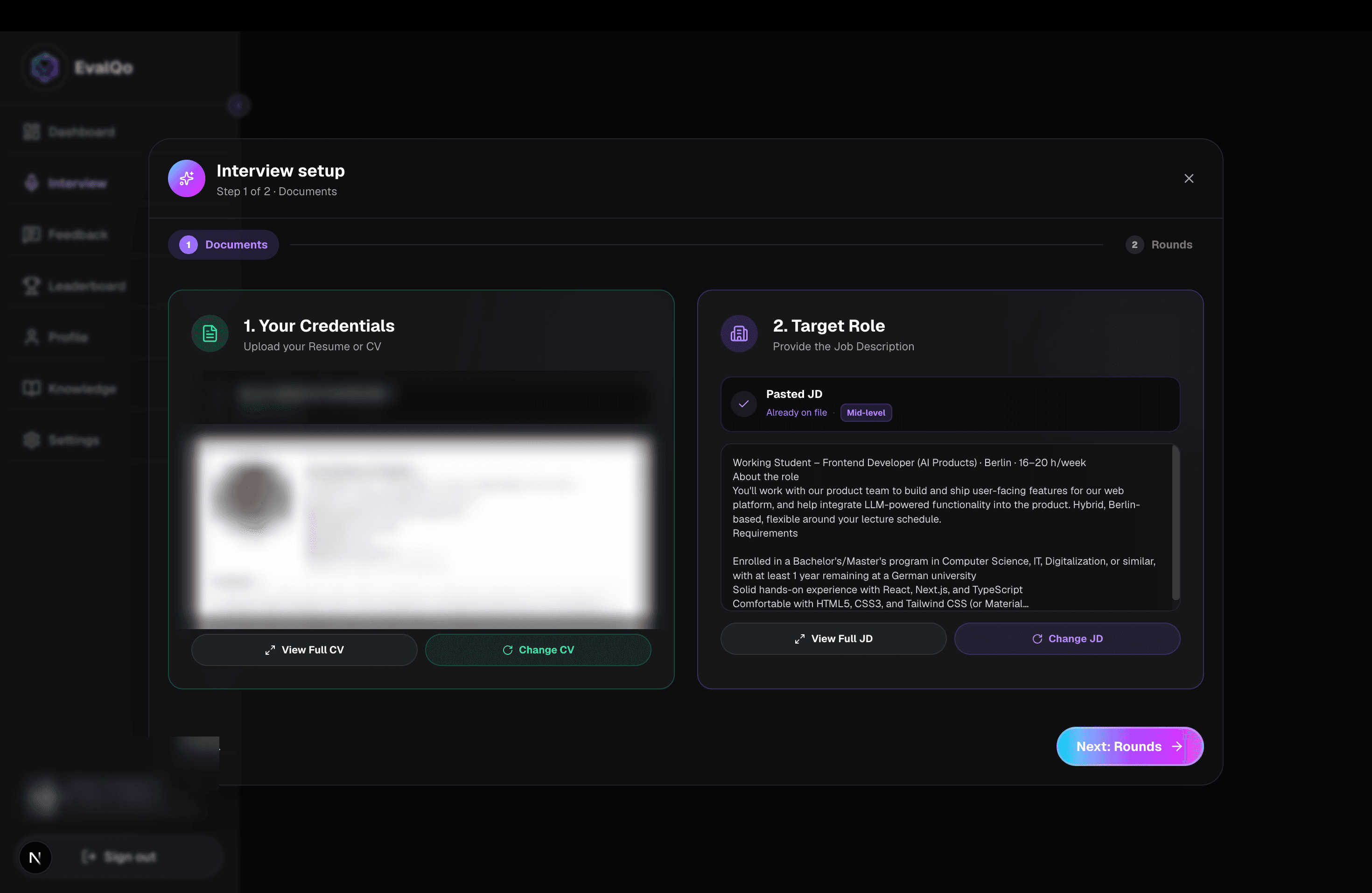 EvalQo product tour (dark mode) — Setup · Documents