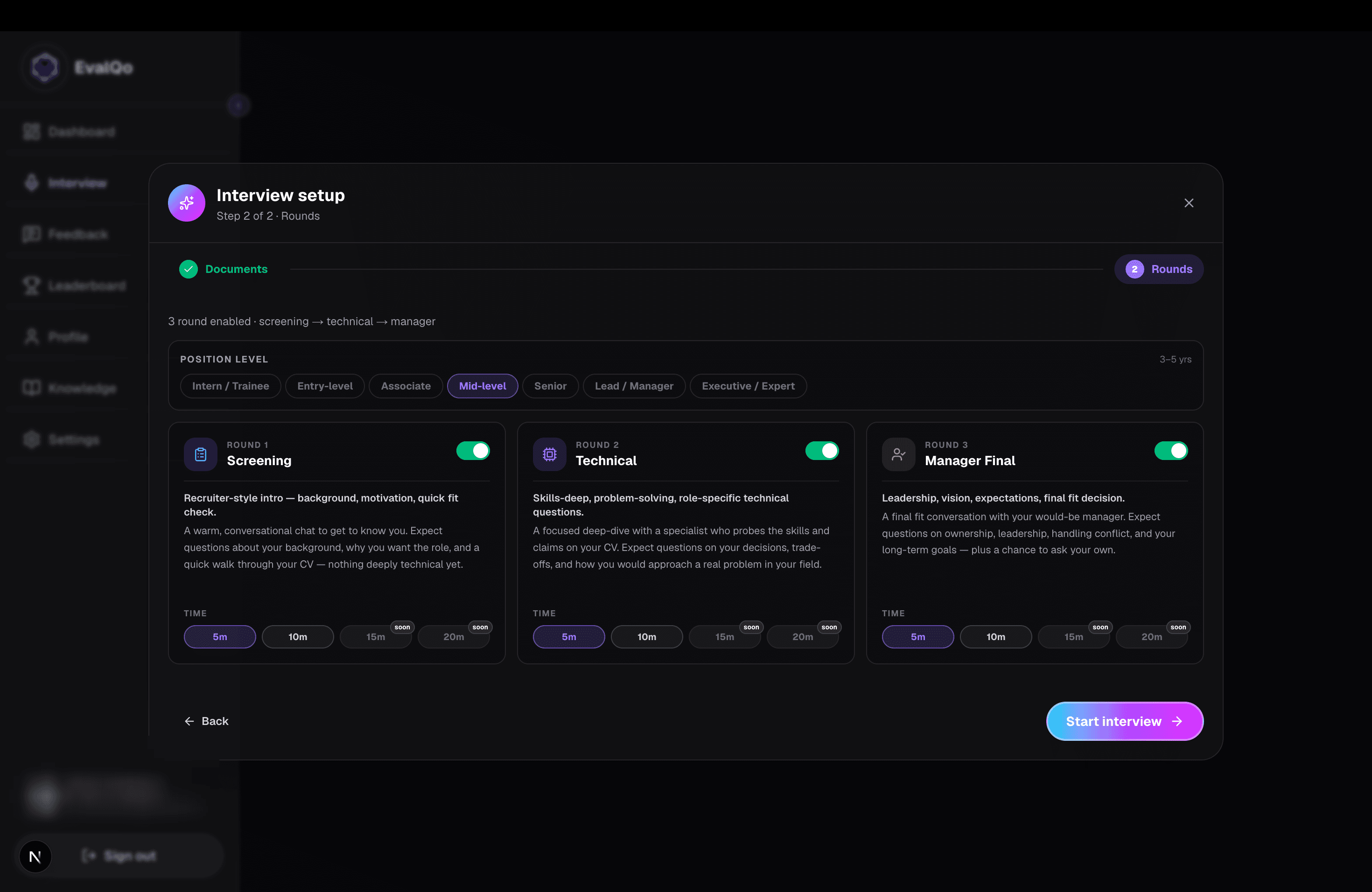 EvalQo product tour (dark mode) — Setup · Rounds
