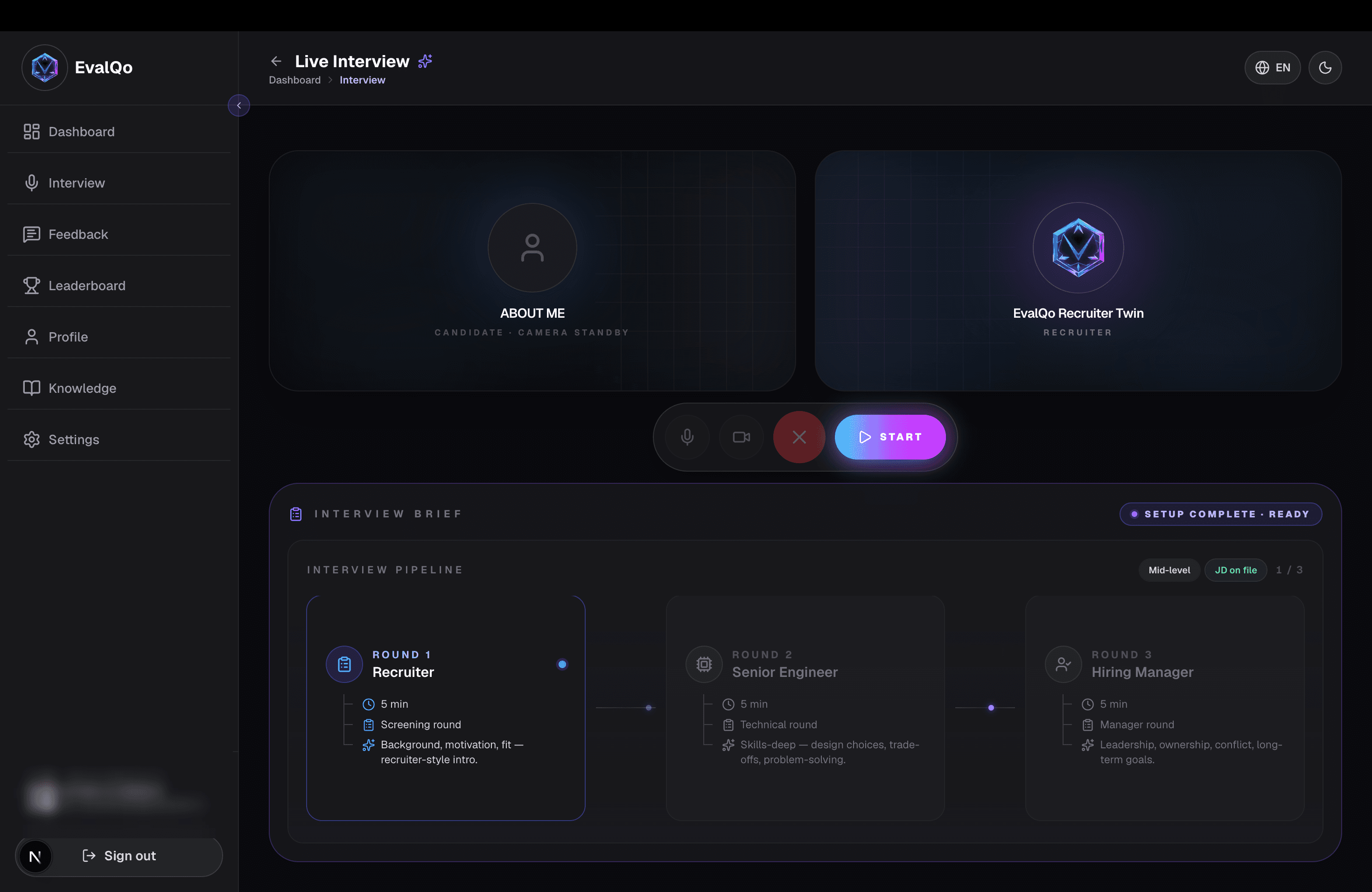 EvalQo product tour (dark mode) — Live interview