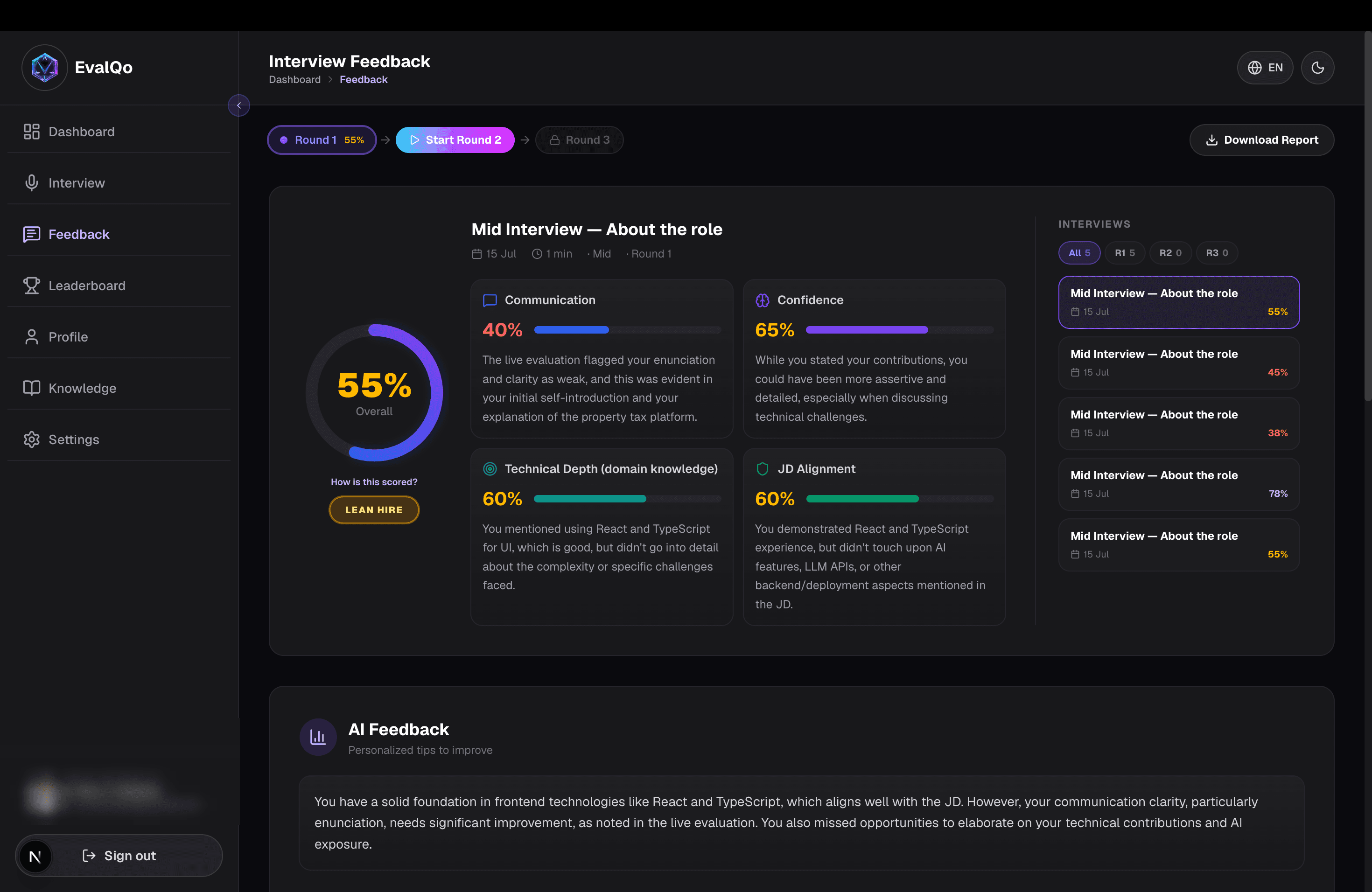 EvalQo product tour (dark mode) — Feedback report